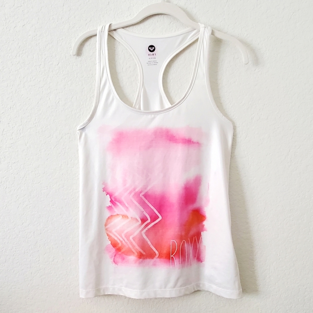 Roxy White Pink Watercolor Moisture Wicking Workout Gym Relaxed Fit Tank Top S